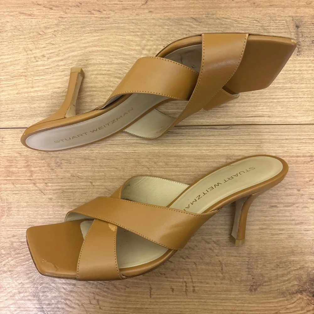 STUART WEITZMAN Dayna Sandal Heels Size 8.5 Macchiato Tan‎ Leather Square Toe - Picture 8 of 11